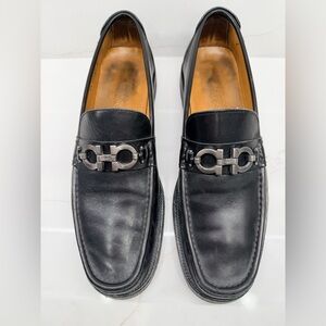Salvatore Ferragamo Black Leather Loafers with Metal Detail